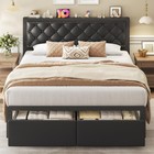 Queen Bed Frame 2 Storage Drawers Upholstered Headboard Black Fluest Button