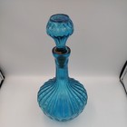 Mid Century Empoli Glass Decanter Aqua Blue Made In Italy Glass Diamond Optic