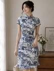 Women   s Cheongsam Qipao Dress Blue   White Porcelain Print Cotton Size M