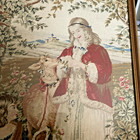Gorgeous  Antique Victorian  Needlepoint  Tapestry Framed Girl With Pets