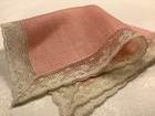  7850    vintage 30s French Coral Linen   Fine Needle Lace Wedding Handkerchief