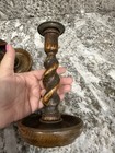 English Pair Barley Twist Oak Candlesticks 8 5 Inches High Vintage Wood Antique