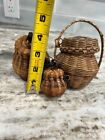 Vintage Small Miniature Wicker Woven Baskets With Lids   Latches Set Of 3