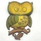 Vintage 1970 Sexton Owl Wall Decor Pair Green Yellow Chalkware Ceramic Mcm Art