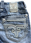 Mens Destroyed Rock Revival Cashew Slim Straight  double Faux  Pckt Jeans 34x32