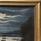 Antique Danish Folk Art Nocturne Seascape With Castle  Oil On Canvas