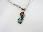 Vintage Navajo Pendant Necklace Turquoise Coral Sterling Beads Signed V 2 4grams