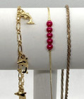 Vintage Lot Of  3  Gold Tone Silver Tone Anklet 9 25   Puffy Dolphin Red Pearl