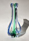 Vintage Art Glass Bud Vase Green Cobalt Blue Stripes Artisan Blown 6 5 