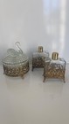 Vintage Gold Filigree Mirror Vanity Tray   Glass Perfume Bottle Set With Swan