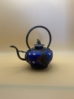 Antique Asian Blue Enamel Teapot Monkey Finial Ornate Metalwork Decorative