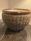 Vintage Large Seagrass Rattan Woven Planter Ceramic Glazed Rim Pot Bowl 9   x 12   