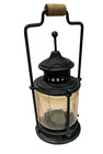 Antique Barn Carriage Candle Lantern Brass   Steel Wood Handle Amber Swirl Glass