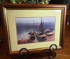 Asian Silk Thread Art River Boat Scene  Custom Matt And Frame  Excellent 12 X 9
