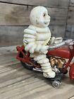 Reproduction Michelin Man Bibendum On Motorcycle Cast Iron  As-is 2 Pieces Used 