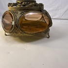 Vintage Ormolu Filigree Trinket Casket Vitrine Box  5-sided Beveled Amber Glass