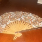 Vintage Folding Hand Fan Floral Fabric Leaf Wood Frame Beige Brown Green Orange