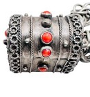 Antique 800 Silver Etruscan Revival Large Fob Charm Bracelet Coral Agate Stones