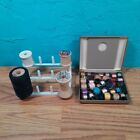 Lot Of Mixed Vintage Sewing Material Wooden Spool Bobbins With Thread And Rack
