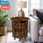Solid Wood Accent End Table - Hand Carved Vintage Boho Folding Side Table - Smal