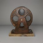 Antique Metal Cast Iron Industrial Spinning Wheel Steampunk Vtg On Wood Rare 