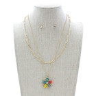 Double Layered Chain Multi Color Flower Pendant Necklace And Earrings Set Gold