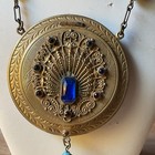 Antique Trinity Plate Dance Compact Purse Tassel Jeweled Hold Chain With Beads 
