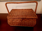 Antique Vintage Woven Wicker Sewing Basket With Tray Red Satin Lining   Handle
