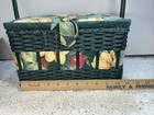 Vintage Wicker Sewing Basket With Handle Lid Pin Cushion Green Floral Lid
