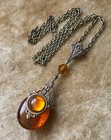 Vintage Necklace Art Deco Lavalier Brass Pendant Amber Antique Czech Glass