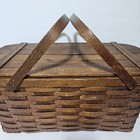 Vtg Wicker Basket Weave Woven Double Handle Accessory Storage Picnic With Lid