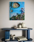 Signed Painting Modern Blue City Mixed Media Collage Colorful 36x30x1 5