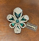 Large Vintage Kramer Layered Emerald Green Rhinestone Floral Brooch W  Tag