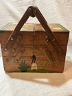 Vintage Wooden Sewing Box  Hand-painted  Foldable Mexico Miniature