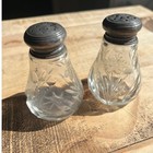 Vintage Etched Glass Salt And Pepper Shakers Sterling Silver Tops Floral Set
