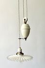 Antique French Rise   Fall Ceiling Light Pleated Opaline Glass Shade Restored F