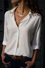 Women Solid V Neck Long Sleeve Chiffon Shirt Elegant Ol Button Down Blouse Tops