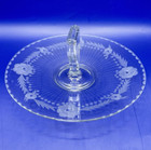 Vintage Clear Etched Glass Center Handled Sandwich Server - Floral Pattern