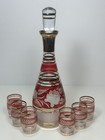 Vintage Bohemian Style Cranberry With Gold Bands Decanter   6 Shot Glasses