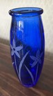 Vintage Cobalt Blue Etched Heavy Glass Floral Vase  5 5x2   