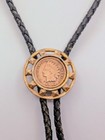 Vintage 1902 Indian Head Penny Coin Bolo Tie Gold-tone Metal Leather Cord