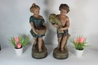 Pair Antique French Chalkware Romantic Statue Boy Girl Summer Spring Theme 