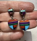 Vtg Signed Sterling Silver Multi Stone Inlay Heart Dangle Earrings Southwestern