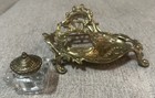 Antique Brass Inkwell With Glass Jar 
