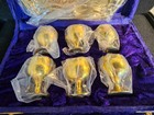 Vintage Solid Brass Set Of 6 Mini Goblets   Tray In Blue Velvet Box New In Wrap