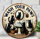 Vintage Black Cat Wash Your Paws Wooden Wall Plaque Bathroom Garage Decor