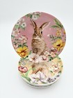 Bunny Love Set Of 4 Appetizer Dessert Plates 6    Ceramic Easter Bunny Rabbit New