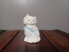 Ceramic Cat Figurine Vintage White Light Blue Bow Beautiful  Porcelain