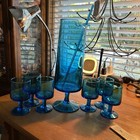 Mid Century Italian Blue Martini Pitcher W  Set 6 Glasses   Stirrer
