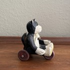 Vintage Wooden Cat Pull Toy On Wheels With Bell And Ribbon Bow
